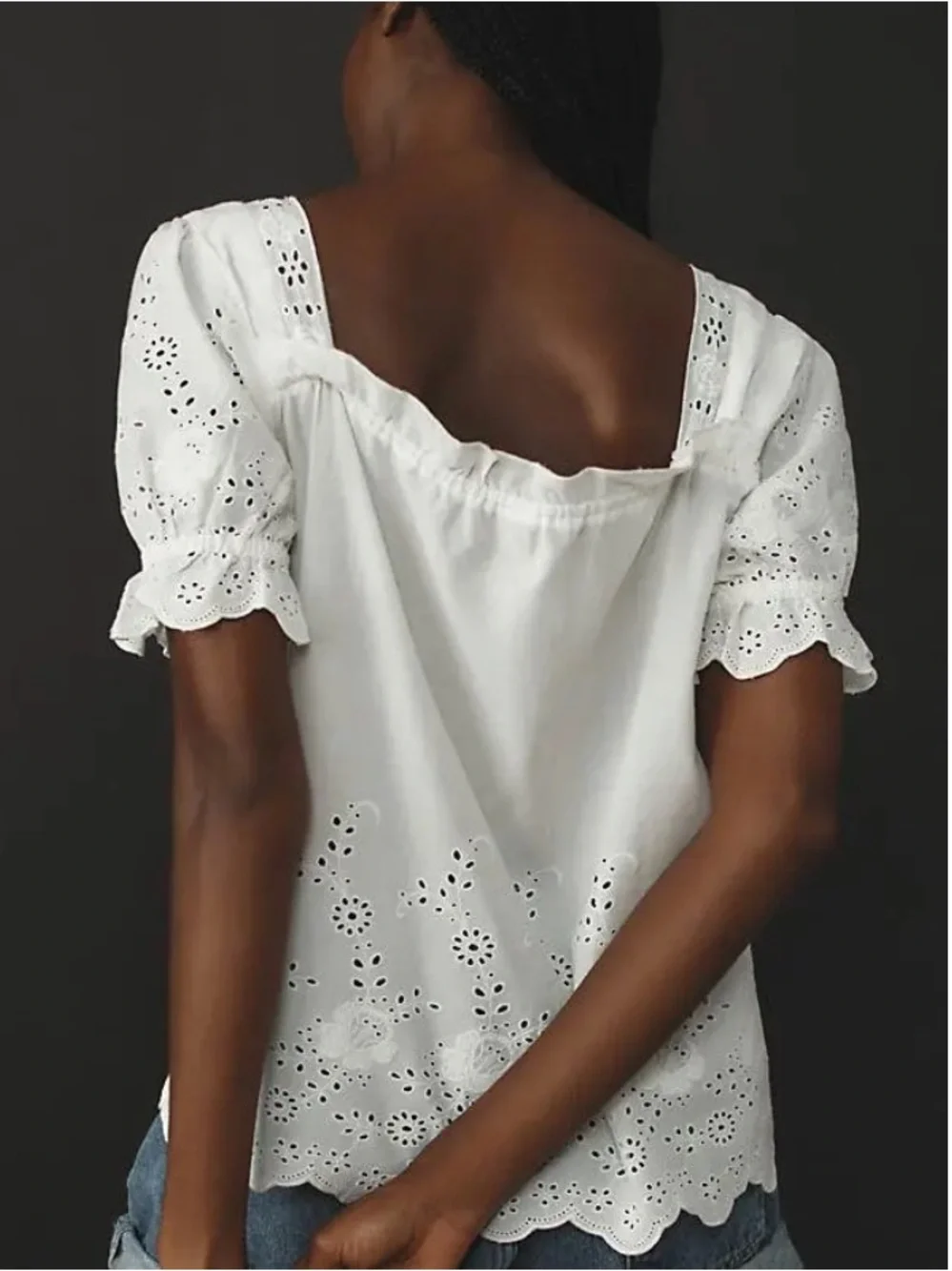 🌻Anthropologie White Eyelet Top Puff Sleeve Button Front Scalloped Hem XS